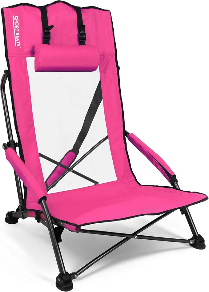 Beach Chair High Back Support Portable Folding Chair for Adults with Head Pillow Shoulder Straps for CampingConcertPicnicSports Events