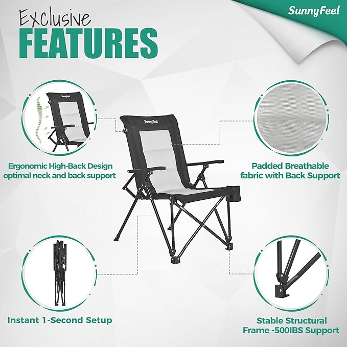 SUNNYFEEL Ergonomic High Back Camp Chair - 500lbs Heavy Duty Folding Chair UV-Resistant Portable Camp Chair with Hard Armrests Cup Holder＆ Bag for Outdoor Basebal Travel Sports Hiking Fishing