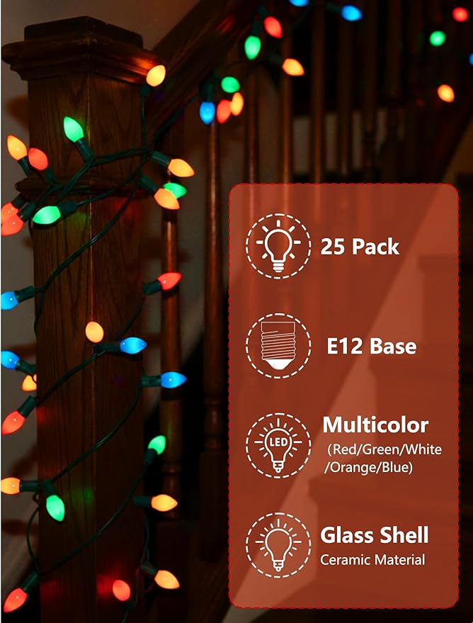 C7 LED Colored Christmas Lights Outdoor 25FT Vintage Colored Christmas Lights with 25 LED Ceramic Glass Multicolor Bulbs for Xmas Roofline Indoor Outdoor Garden Patio Yard Decoration Green Wire
