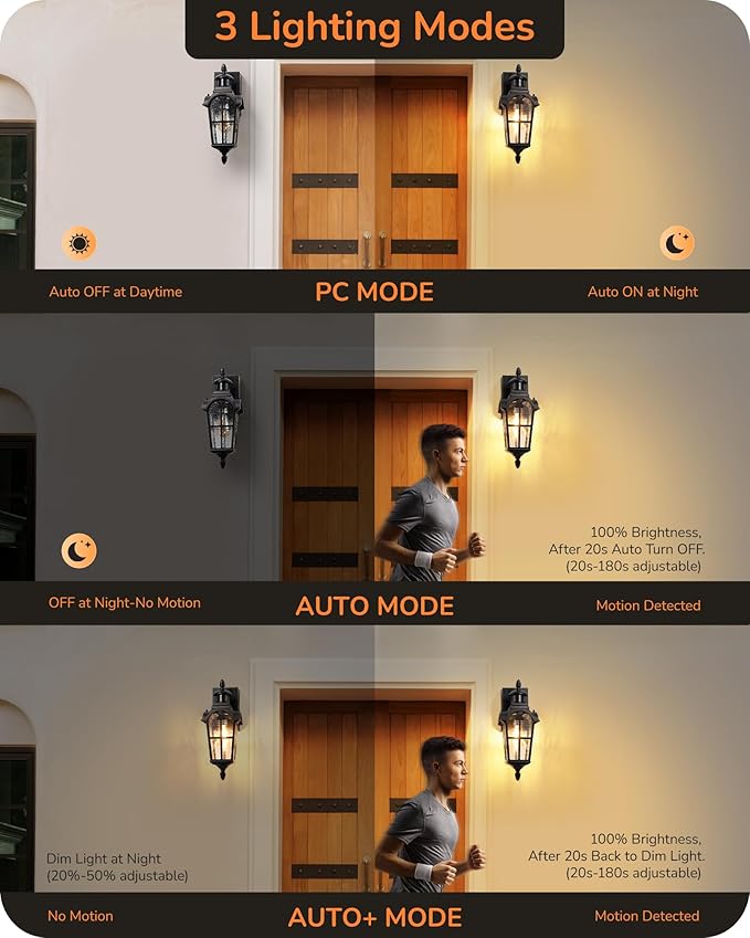 EDISHINE Motion Sensor Outdoor Lights Porch Light with GFCI Outlet Exterior Lighting Fixtures Dusk to Dawn Outside Wall Sconce with Water Ripple Glass Wall Mount Lantern Lamp for House Garage