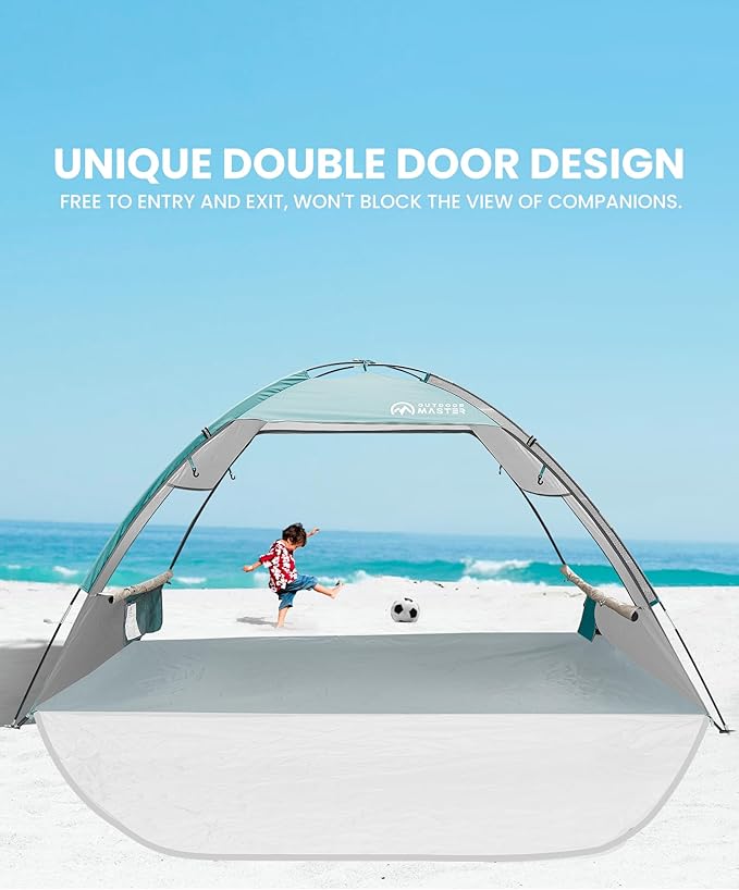 OutdoorMaster Update Beach Tent Sun Shelter with 2 Ventilated Doors UPF50+ Easy Setup Beach Tent Canopy for 3 Person Portable Family Beach Umbrellas for Sand with Carrying Bag - Pale Green