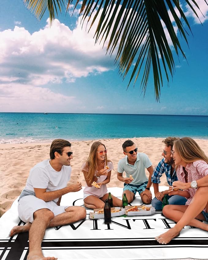 Beach Blanket Waterproof Sandproof Christmas Hello Winter Quotes Quick Drying Beach Mat with 4 Stakes White Black Modern Stripes Lightweight Picnic Blanket for Travel Camping Outdoor 118x108