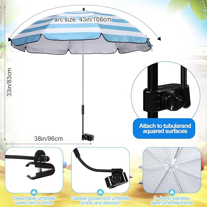 Karenhi 2 Set Beach Camping Chair with Umbrella for Adult Folding Reclining Camping Chair with Foot Rest Adjustable Clamp Canopy Shade for Outdoor Patio Travel Beach(Black)