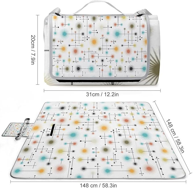 Mid Century Modern Atomic Turquoise Waterproof Outdoor Picnic Blanket Sandproof Beach Mat for Camping Hiking Grass Travelling