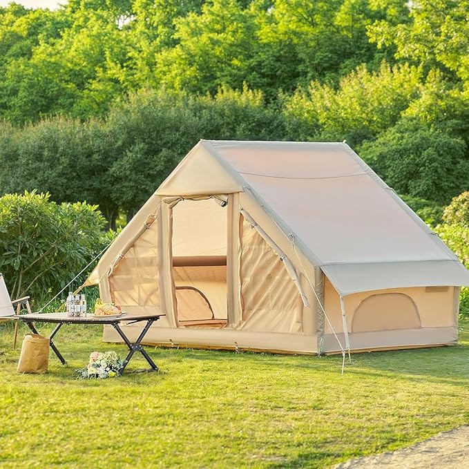 Inflatable Tent House 3-5 Person Family 4 Season Air Tent for Camping Outdoor Blow Up Tents with Hand Pump Glamping Tents Large Vestibule Waterproof and Windproof with Mesh Windows Quick To Set Up