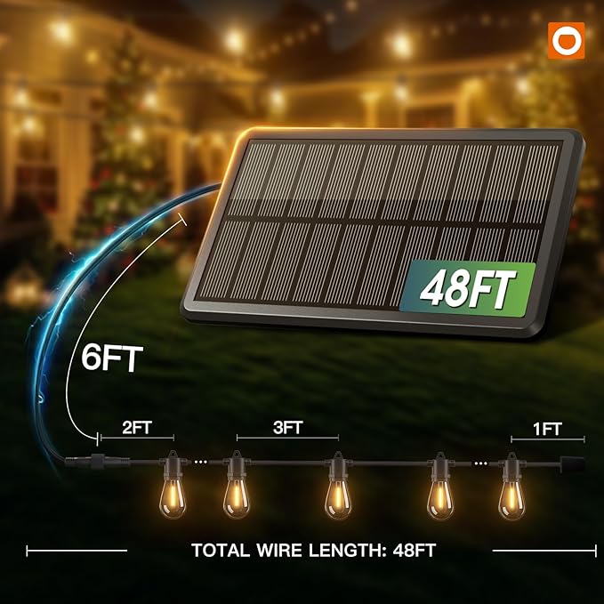 addlon 54FT(48+6) Solar String Lights Outdoor Waterproof with USB Charging &amp Remote Control - Dimmable Solar Power Patio Lights with LED Bulbs for Porch Garden Yard Market Bistro - Last for 20