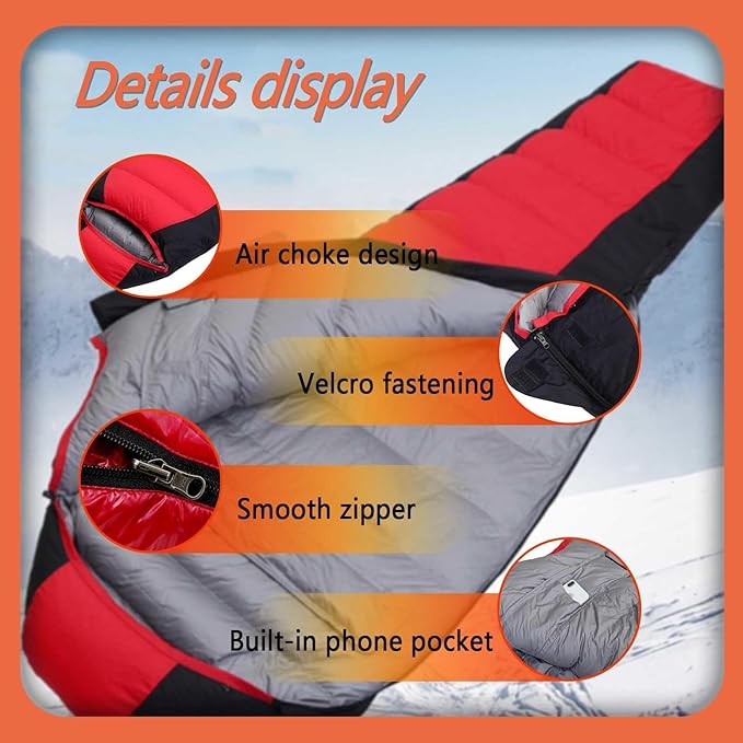 0 Degree Sleeping Bag 90% White Duck Down 5℉-50℉ Warm Sleeping Bag Includes Travel Pillow Camping Hiking Backpacking Sleeping Bags