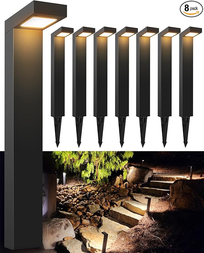 GKOLED 8-Pack Low Voltage Landscape Pathway Light Fixture 9-15V AC/DC Outdoor Walkway Lighting with 3W LED Chips for Yard Lawn Black Die-cast Aluminum Housing UL-Listed IP66+