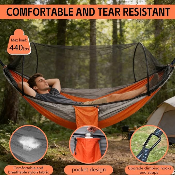 Camping Hammock with Mosquito Net - Double &amp Single Portable Hammocks with 2 Tree Straps Lightweight Hammock Tent for Outdoor Camping Hiking Backpacking Beach &amp Backyard (Orange)
