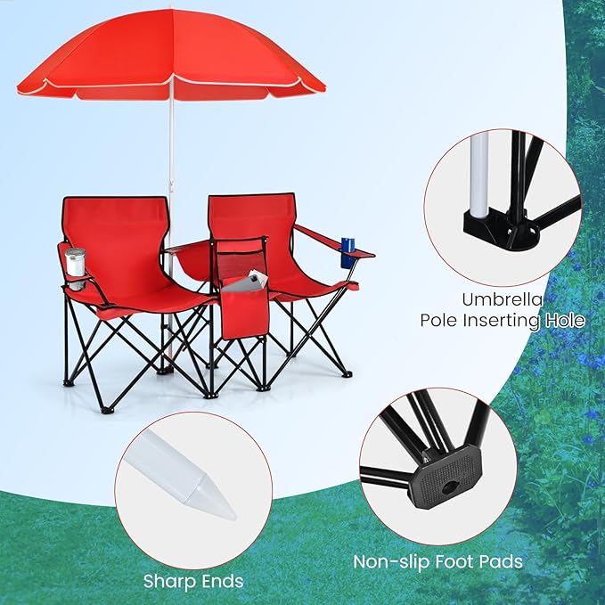 KOTEK Double Camping Chair Folding Camp Chair with Removable Umbrella Cup Holders Cooler Bag Side Pocket &amp Carry Bag 2-Person Beach Chair for Outdoor Sports Concerts Travel Picnic (Red)