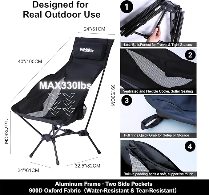 Wildhiker Portable Compact Folding Camping Chairs – Lightweight High Back with Pillow Deep Recline ArmPads Side Pockets-for Motorcycle RV Backpacking Travel Festival – Black