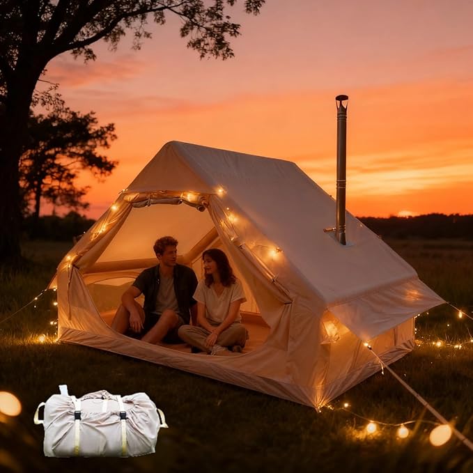 Inflatable Camping Tent with Canopy 4-6 Person 4 Season Air Tent 5 Min Quick Setup Waterproof Windproof with 420D Oxford 2 Mesh Doors &amp 4 Windows Clear Skylight for Family Camping