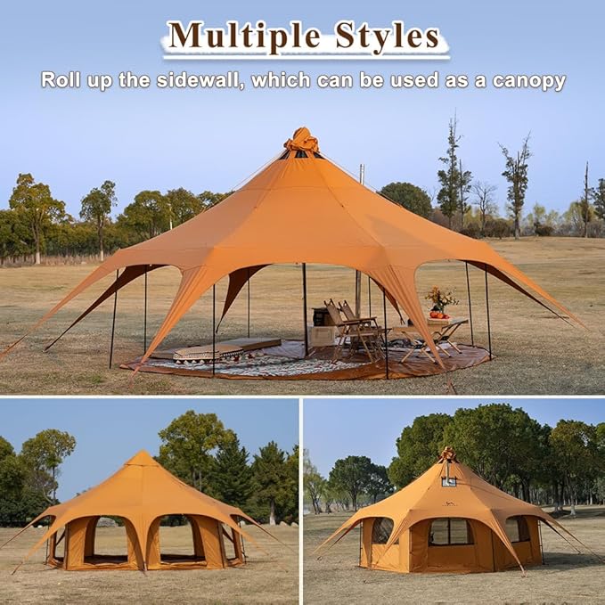 TOMOUNT Canvas Bell Tent Wall Tent with Stove Jack for Camping Glamping Yurt Dia.16.4ft*9.2ft