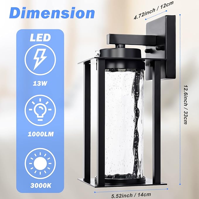 LED Dusk to Dawn Outdoor Light Fixtures - 2 Packs Modern Porch Lighting with Attractive Glass 13W 3000K LED Exterior Sconce Wall Mount with Photocell Sensor for House Front Garage Door Waterproof