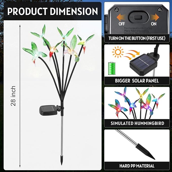 4 Pack Solar Hummingbird Lights Outdoor Garden 6 Head Solar Swaying Pathway Stake Lights Waterproof for Yard Lawn Patio Walkway Landscape Decor