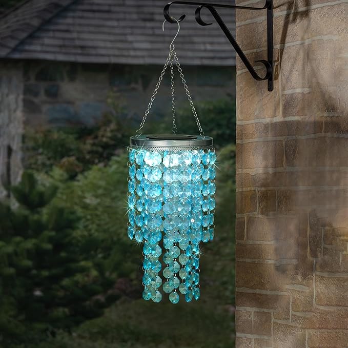 Hanging Solar Crystal Chandelier Outdoor 21” Modern Solar Blue Acrylic Beaded Lantern with Cool White LED S Hooks for Garden Yard Patio Gazebo Outside Decor