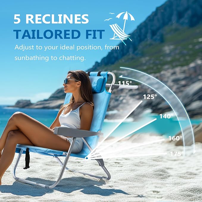 PASAMIC Backpack Beach Chairs for Adults 2 Pack Portable Lay Flat Reclining Beach Chairs with 5 Positions Tall Heavy Duty Folding Chair with Cup Holder Cooler Pouch Towel Bar Blue