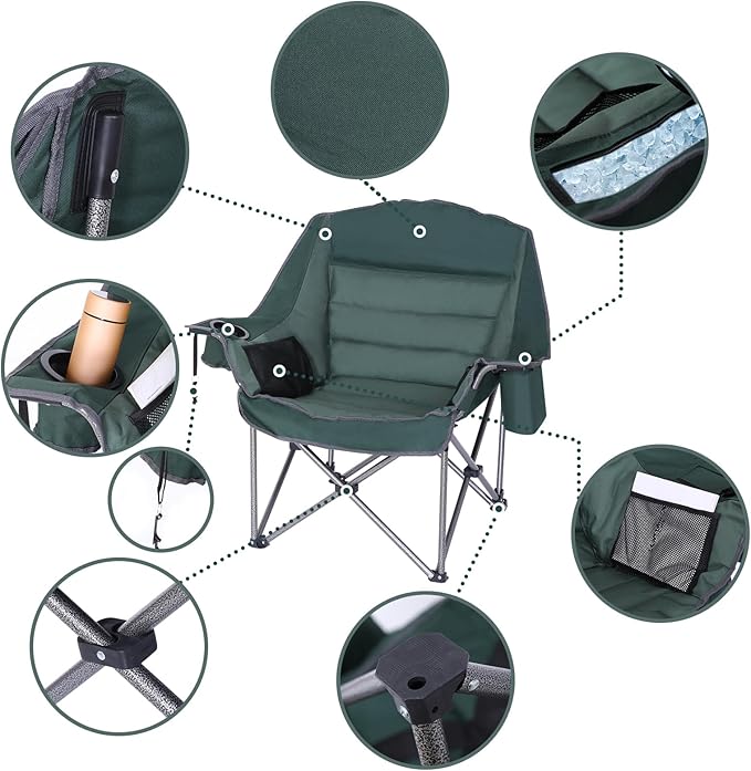 Camping Chair Padded Camping Chair Cushioned Extra Wide Lounge Patio Chair for Adults Heavy-Duty 400Lbs with Cooler Cup Holder and Carry Bag (Green 1-Pack)