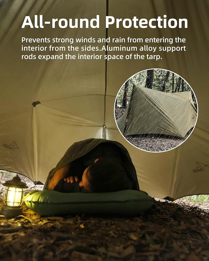 Ultralight Tarp 14ft Hammock Rain Fly Lightweight Waterproof Camping Tent Tarp with Doors Bushcraft Tarp Shelter for Backpacking Hiking Camping