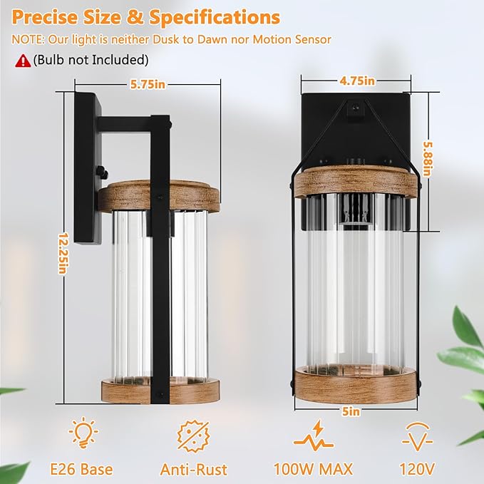 2-Pack Outdoor Light Fixtures Waterproof Modern Exterior Wall Lantern Porch Lights Black Wall Sconce with Clear Ribbed Glass Outside Light with Wood Texture for House Bulbs Not Included