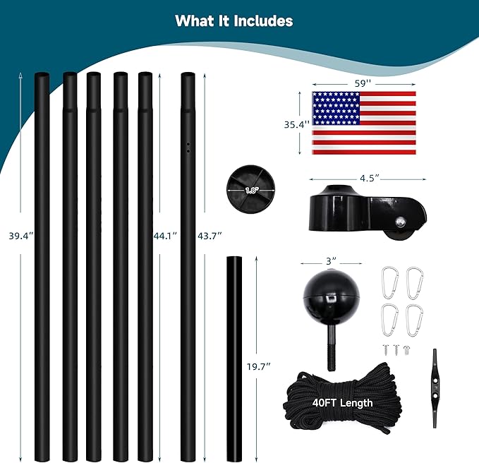 20FT Sectional Flag Pole Kit for Outside in Ground 14 Gauge Extra Thick Heavy Duty Aluminum Outdoor Flagpole for Residential or Commercial Flag Included
