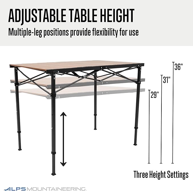 ALPS Mountaineering Overlanding Table Aluminum Roll-Top with Wood-Look Adjustable Height