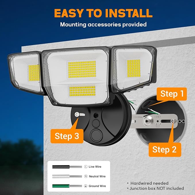 90W 10000LM Flood Lights Outdoor LED Security Lights with 4 Heads Switch Controlled 6500k Daylight IP65 Waterproof Exterior Floodlight for Outside Garage Yard Porch Eave
