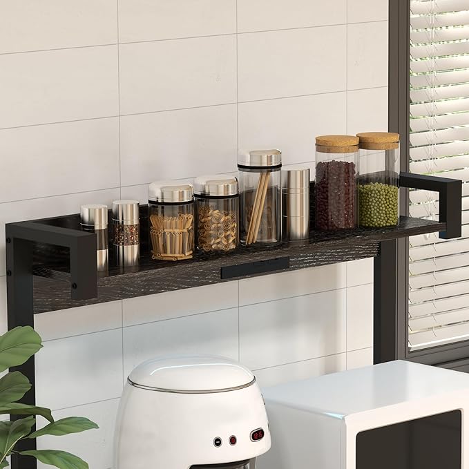 Rack with Power Outlet and LED Lights Bakers Racks for Kitchens with Storage Industrial Microwave Stand with Glass Holders Metal Basket Multiple Shelves Gray