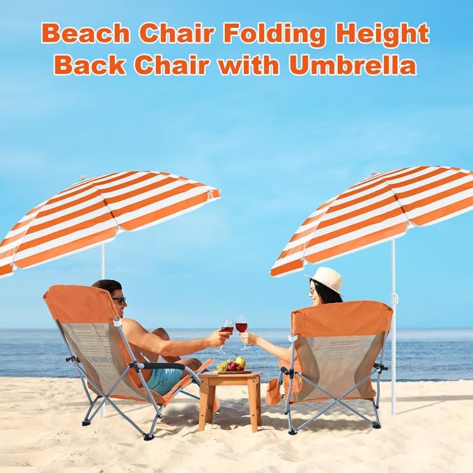 Huwena 2 Pack Beach Chair for Adult with 2 Umbrella Low Folding Chair Detachable Adjustable Lightweight with Armrests Cup Holder Carry Bag Portable for Sand Camping Travel Outdoor Pool (Orange)