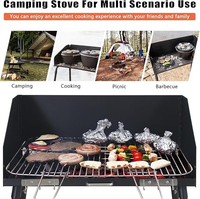 30-Inch Camping Cooking Table Carbon Steel w/Foldable Windscreen &amp Legs for Dutch Oven Cooking &amp Food Prep with Charcoal Briquettes (30-Inch)