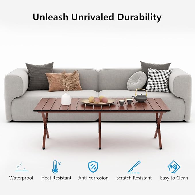 48Inch Folding Camping Table Lightweight Roll-Up Table Aluminum Low Portable Picnic Table with Carrying Bag for Outdoor Beach Picnic Backyards BBQ and Party (Walnut 120CM)