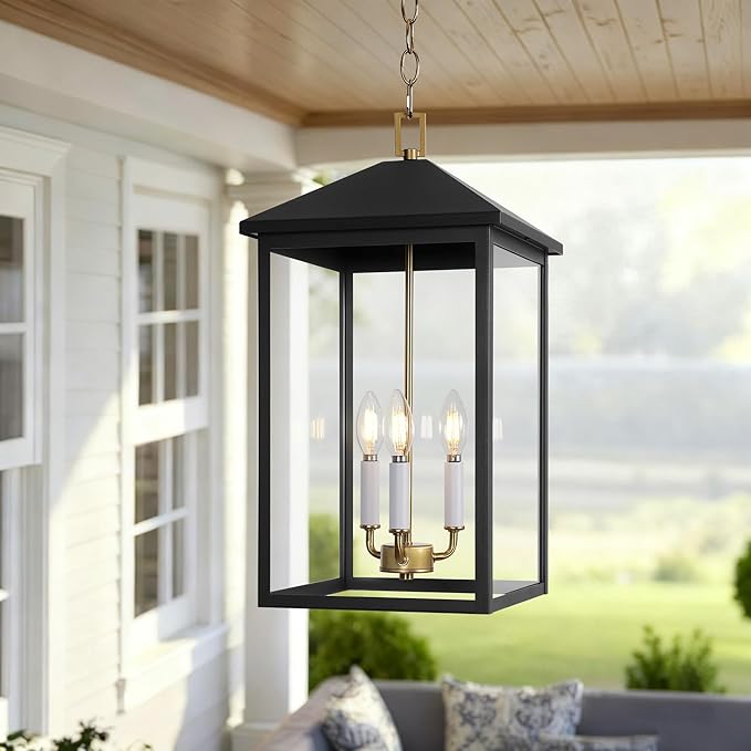 LamQee 21.2'' Large Outdoor Pendant Light Fixtures 3-Light Modern Black Exterior Ceiling Hanging Lantern with Gold and White Candle Outside Chandelier Lighting for Front Porch Entryway Patio Gazebo