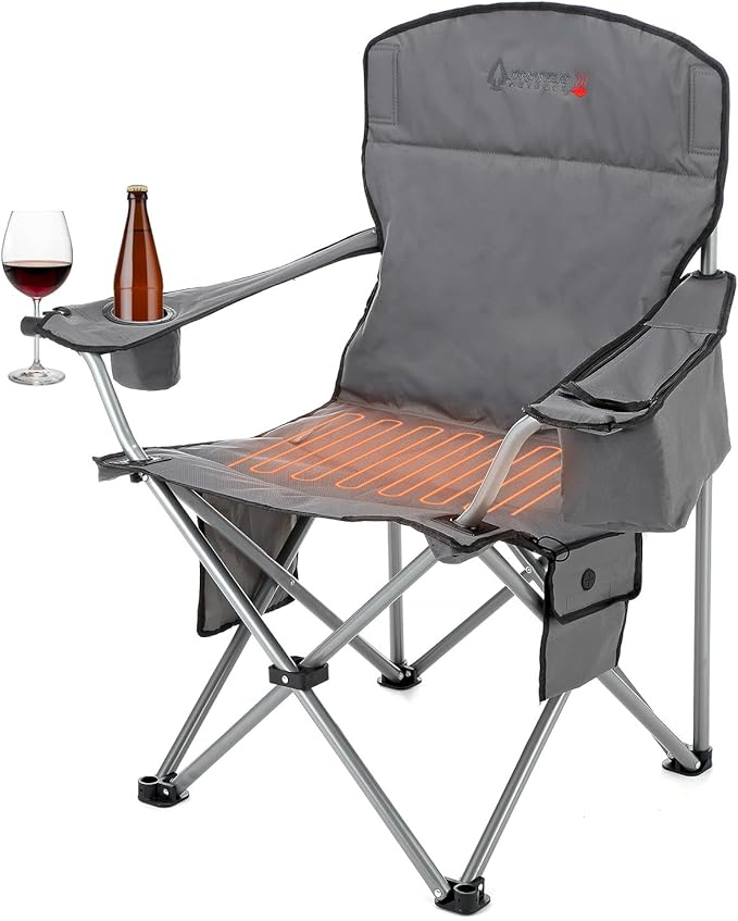 ARROWHEAD OUTDOOR Portable Heated Folding Camping Chair w/ 6-Can Cooler 3 Heat Settings Cup &amp Wine Glass Holder Heavy-Duty Carrying Bag Padded Armrests Battery NOT Included Supports up to 33