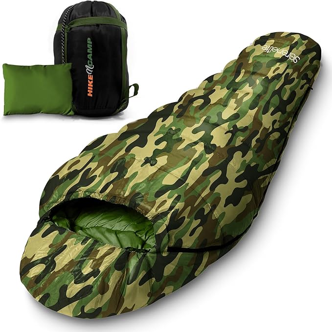 SereneLife 0 Degree Mummy Sleeping Bag – Military-Style Lightweight &amp Waterproof for Extreme Cold Stays Warm in 5–10°F No-Snag Zipper Compact Carry Bag &amp Travel Pillow for Camping &amp Ba