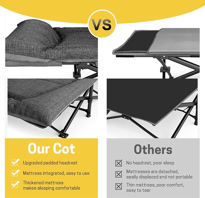 ATORPOK Camping Cot for Adults with Cushion and Pillow Portable Folding Bed for Sleeping Lightweight Tent cot with Carry Bag Supports 450 lbs (Grey)