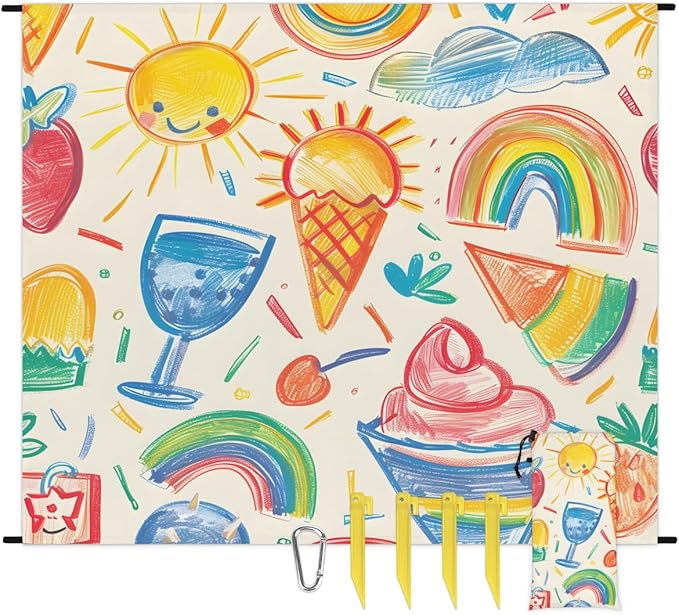Waterproof Sandproof Beach Blanket 59''×68'' Summer Bash Polyester Outdoor Picnic Blanket with 4 Stakes &amp Storage Bag for BeachCampingVacation Beige