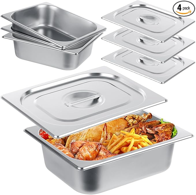 QTLCOHD 4 Pack 1/2 Half Size Hotel Pan with Lids 4 Inch Deep Steam Table Pan with Lid 12.8 x 10.4 Inch Stainless Steel Pans for Home Party Hotel Buffet