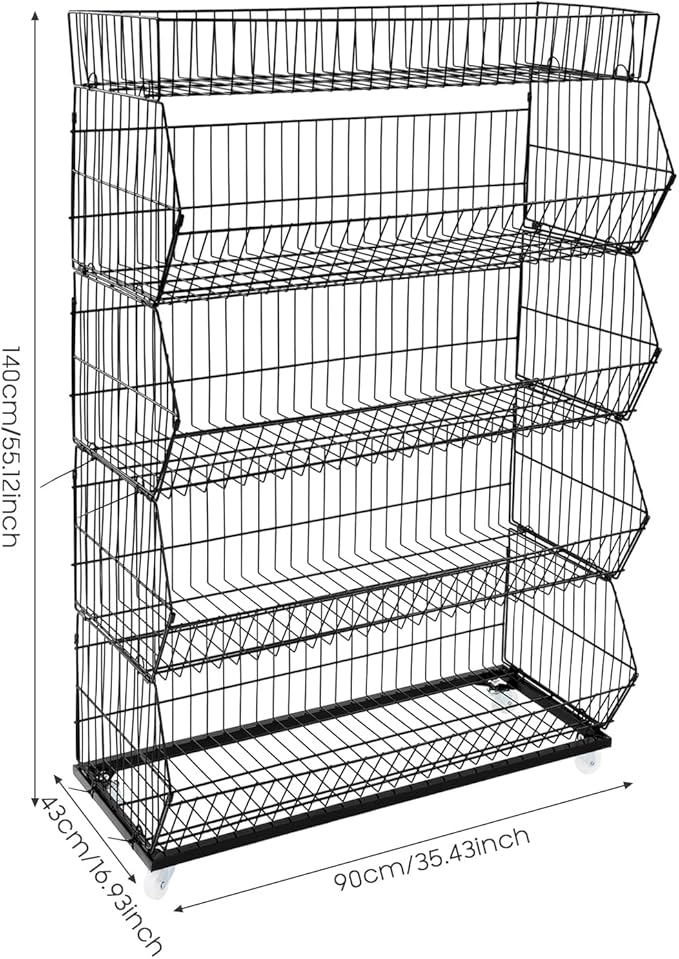 5 Tier Retail Display Rack Snack Organizer Stand with Wheels Candy Potato Chip Metal Wire Display Shelf CartSnack Rack for Supermarket and Home Kitchen Black