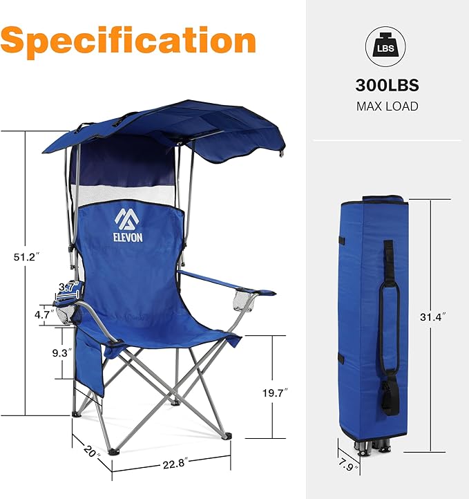 Elevon Camping Chair Oversized Folding Chair with Canopy Portable Outdoor Chair with Arms Cup Holder and Carry Bag for Camping Fishing Beach and Sports Sky Blue