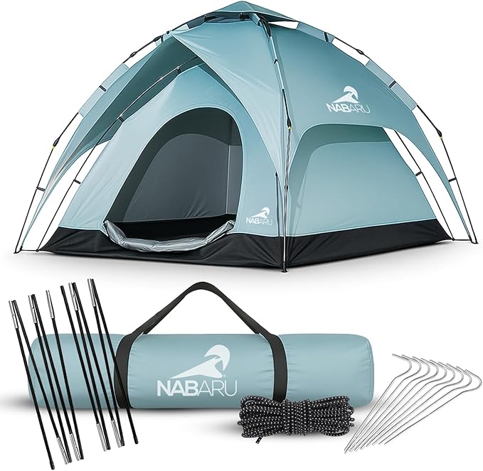 Automatic Camping Tent 3-in-1 Pop Up Tent for 4 People - Waterproof Polyester Ripstop with UV Protection Silver Coated Inner Layer Ideal for Family Camping.
