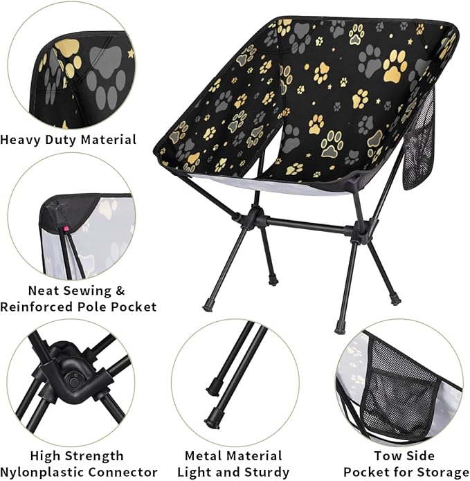 Black Gold Dog Pattern Camping Chair Lightweight Portable Chairs for Adults Easy Installation Outdoor Foldable Camping Chair for Camping Fishing Hiking Picnic Beach