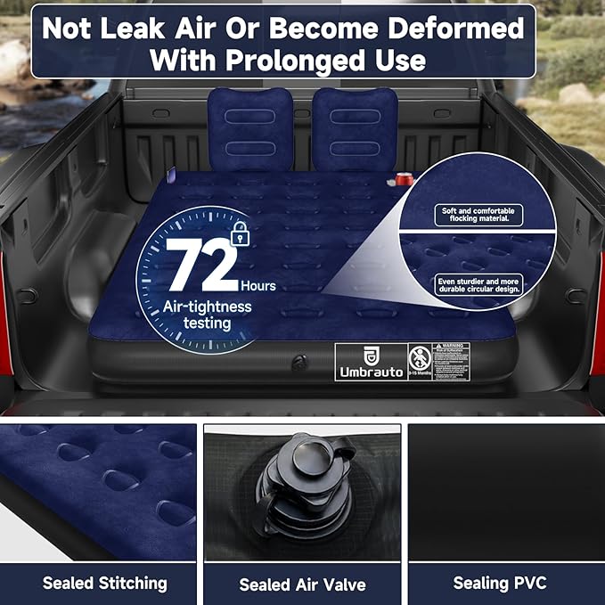 Truck Bed Air Mattress for Ford F150/Chevy Silverado/Dogde Ram/GMC Sierra/Toyota Tundra/Nissan Titan Outdoor Travel Camping Universal Flocked Airbed Fits 5.5-6.8ft Full Size Pickup w/ Pump&ampCarry