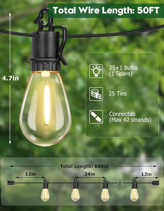 50FT Outdoor String Lights with 25 Shatterproof S14 Vintage Edison Bulbs E12 Sockets2700K Dimmable Outdoor LightsIP55 Waterproof LED String Lights for Outside Patio Garden BackyardBistro