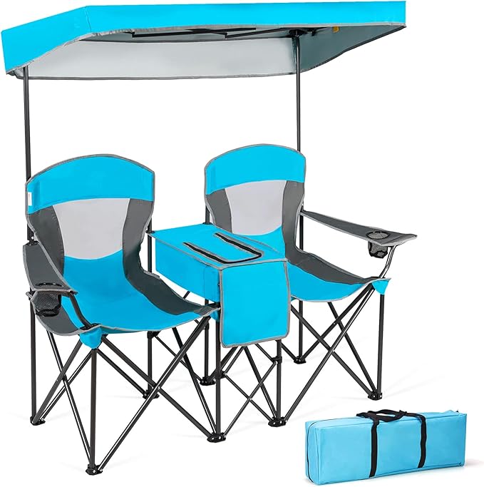 GYMAX Double Camping Chair Beach Chair with Canopy Shade Adjustable UV Protection Cooler Cup Holder &amp Carry Bag Folding Portable Lawn Soccer Camp Chair with Umbrella for Adults (Blue 2 Perso