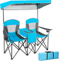 GYMAX Double Camping Chair Beach Chair with Canopy Shade Adjustable UV Protection Cooler Cup Holder &amp Carry Bag Folding Portable Lawn Soccer Camp Chair with Umbrella for Adults (Blue 2 Perso