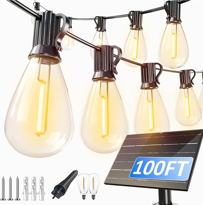 luckystyle 100FT Solar String Lights Outdoor Waterproof with 36+2 LED Bulbs Long Last for 20+Hrs Commercial Grade Shatterproof Patio Solar Powered Lights for CampingBackyard Garden Porch Decor