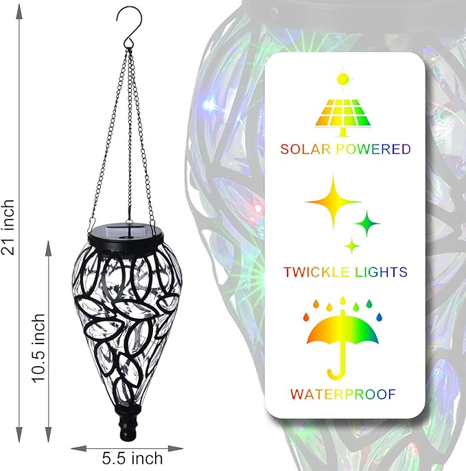 Solar Hanging Lantern Outdoor Lights Tear-Shaped 15 LEDs Multi-Color Hanging Lights with S Hooks Decor in Garden Yard Pathway Front Door and Landscape