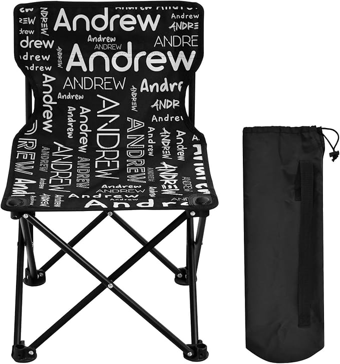 Sinestour Black Custom Folding Camping Chair for Teen Child Personalized Name 14.6×14.6in Portable Outdoor Chair with Carry Bag for Travel Barbeques Picnic