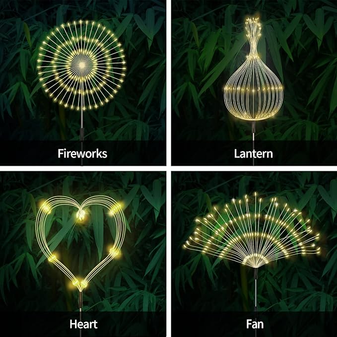 Solar Outdoor Warm White Garden Lights 4 Pack Firework With 120 LED Starburst String 8 Modes Fairy With Remote for Wedding Christmas Lawn Backyard Party Patio Decoration