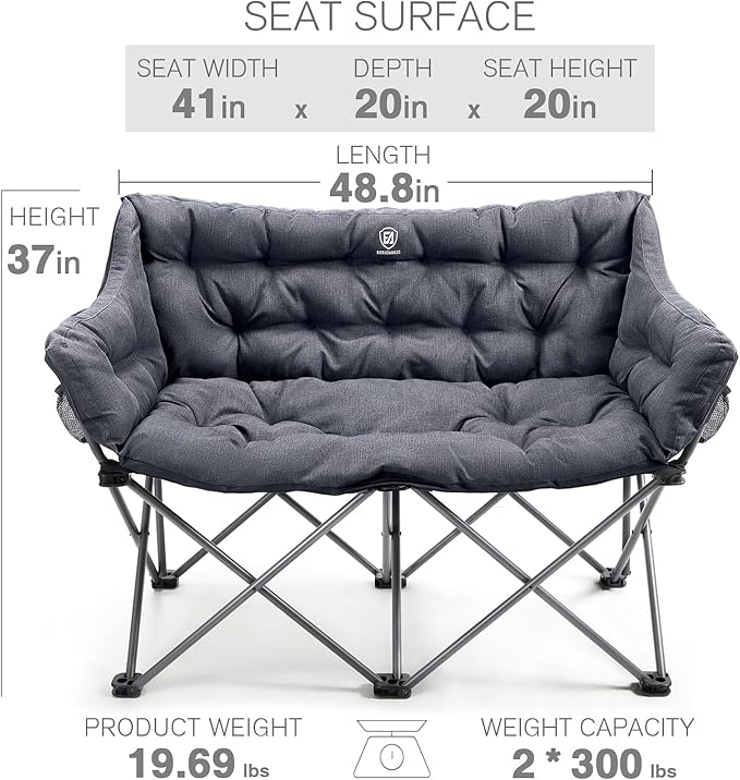 EVER ADVANCED Double Camping Chair for Adults Padded Folding Camping Love Seat Bench with Side Pocket Portable Camping Couch Two Person Heavy Duty Folding Outdoor Chair with CushionSupport 600lbs
